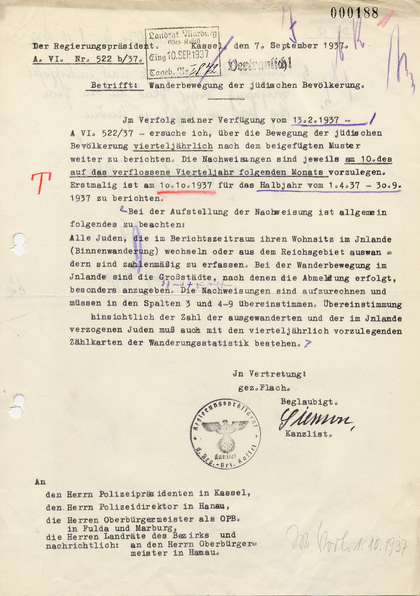 Vertrauliches Schreiben der Staatspolizeistelle für den Regierungsbezirk Kassel betreffend vierteljährliche Meldung der "Wanderbewegungen" der jüdischen Bevölkerung, 7. September 1937.