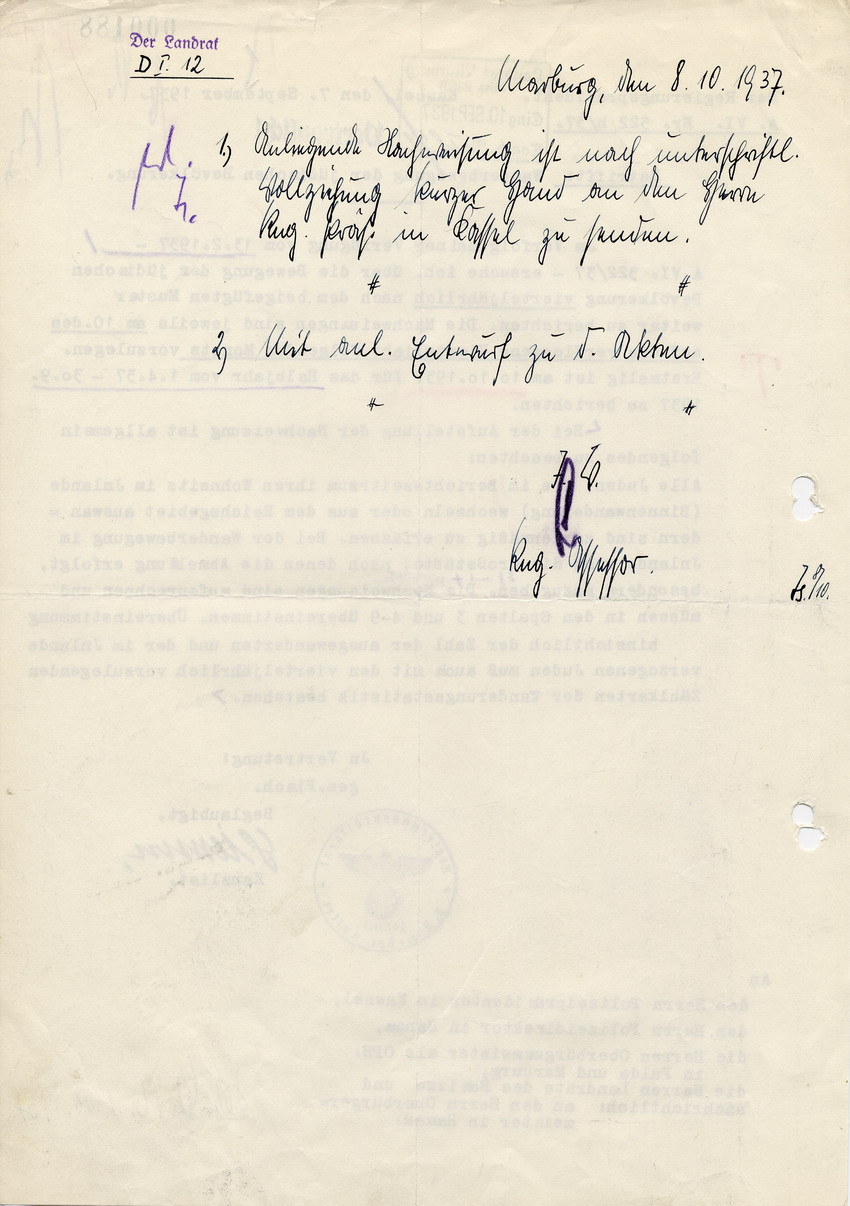 Vertrauliches Schreiben der Staatspolizeistelle für den Regierungsbezirk Kassel betreffend vierteljährliche Meldung der "Wanderbewegungen" der jüdischen Bevölkerung, 7. September 1937.