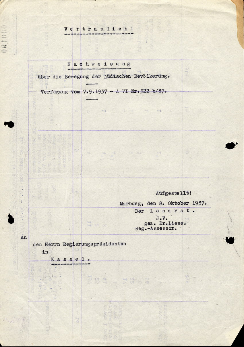 Aufstellung des Landrats in Marburg für den Regierungspräsidenten in Kassel betreffend "Wanderungsbewegungen" der jüdischen Bevölkerung, 8. Oktober 1937.