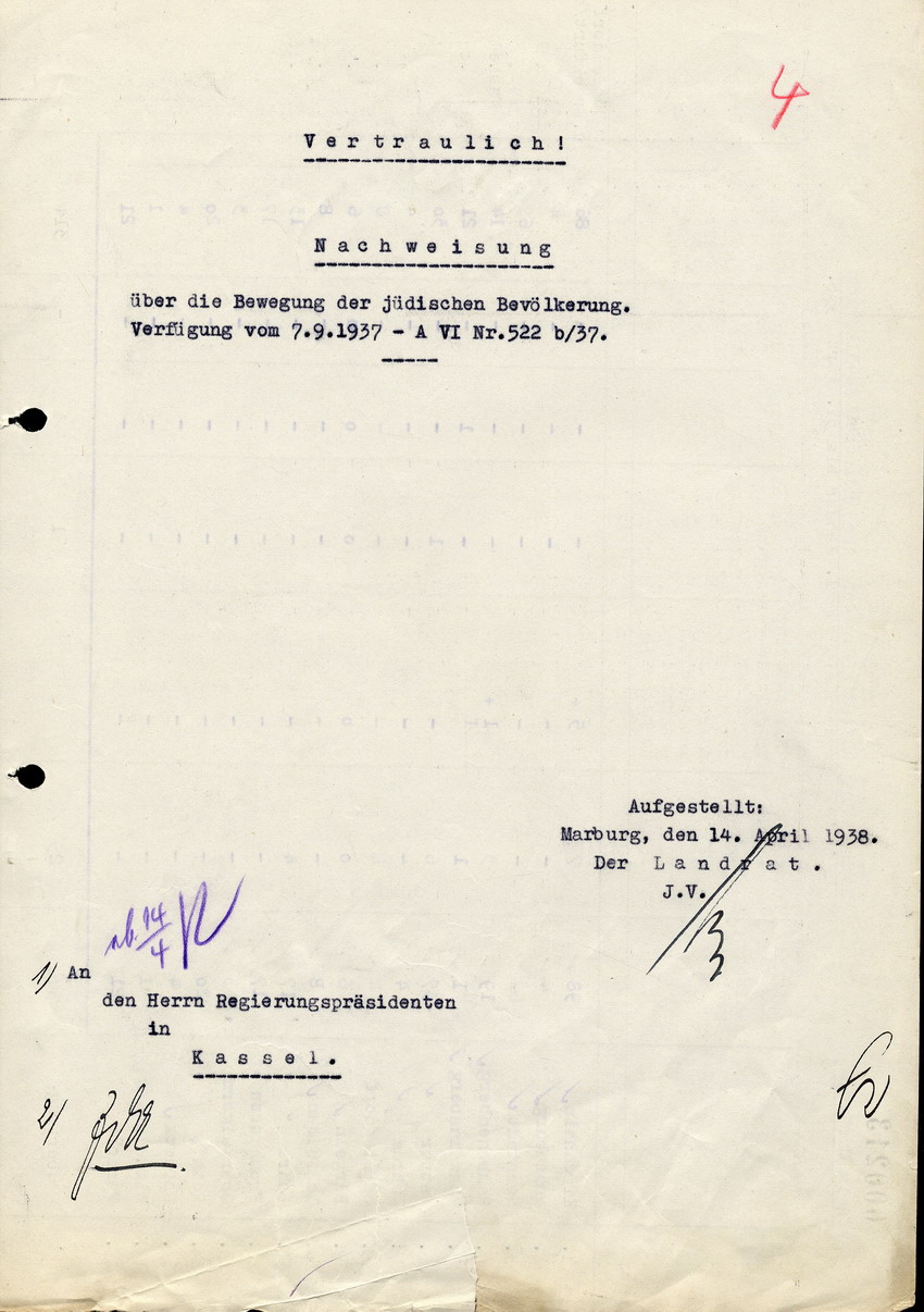 Aufstellung des Landrats in Marburg für den Regierungspräsidenten in Kassel betreffend "Wanderungsbewegungen" der jüdischen Bevölkerung, 14. April 1938.