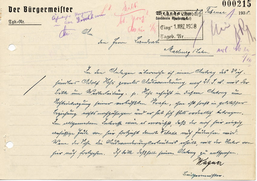 Schreiben des Bürgermeisters von Wehrda Wagner an den Landrat in Marburg betreffend Antrag auf Auswanderung von Adolf Hess, 28. Februar 1938.