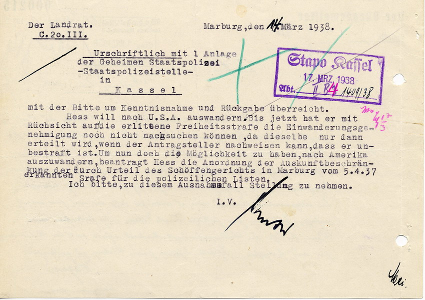Schreiben des Bürgermeisters von Wehrda Wagner an den Landrat in Marburg betreffend Antrag auf Auswanderung von Adolf Hess, 28. Februar 1938.