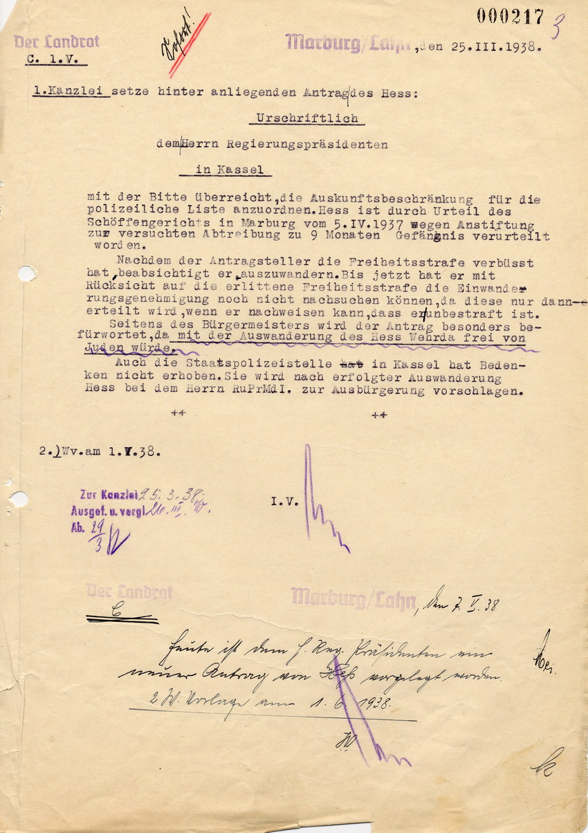 Schreiben des Landrats in Marburg an den Regierungspräsidenten in Kassel betreffend Befürwortung des Antrags von Hess, 25. März 1938.