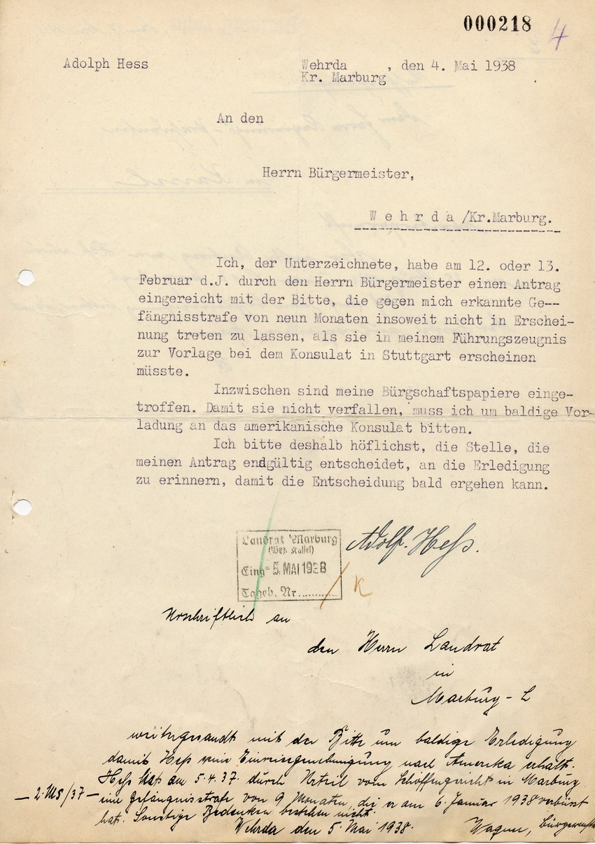 Schreiben von Adolph Hess aus Wehrda an den Bürgermeister in Wehrda betreffend Antrag auf Auswanderung, 4. Mai 1938.