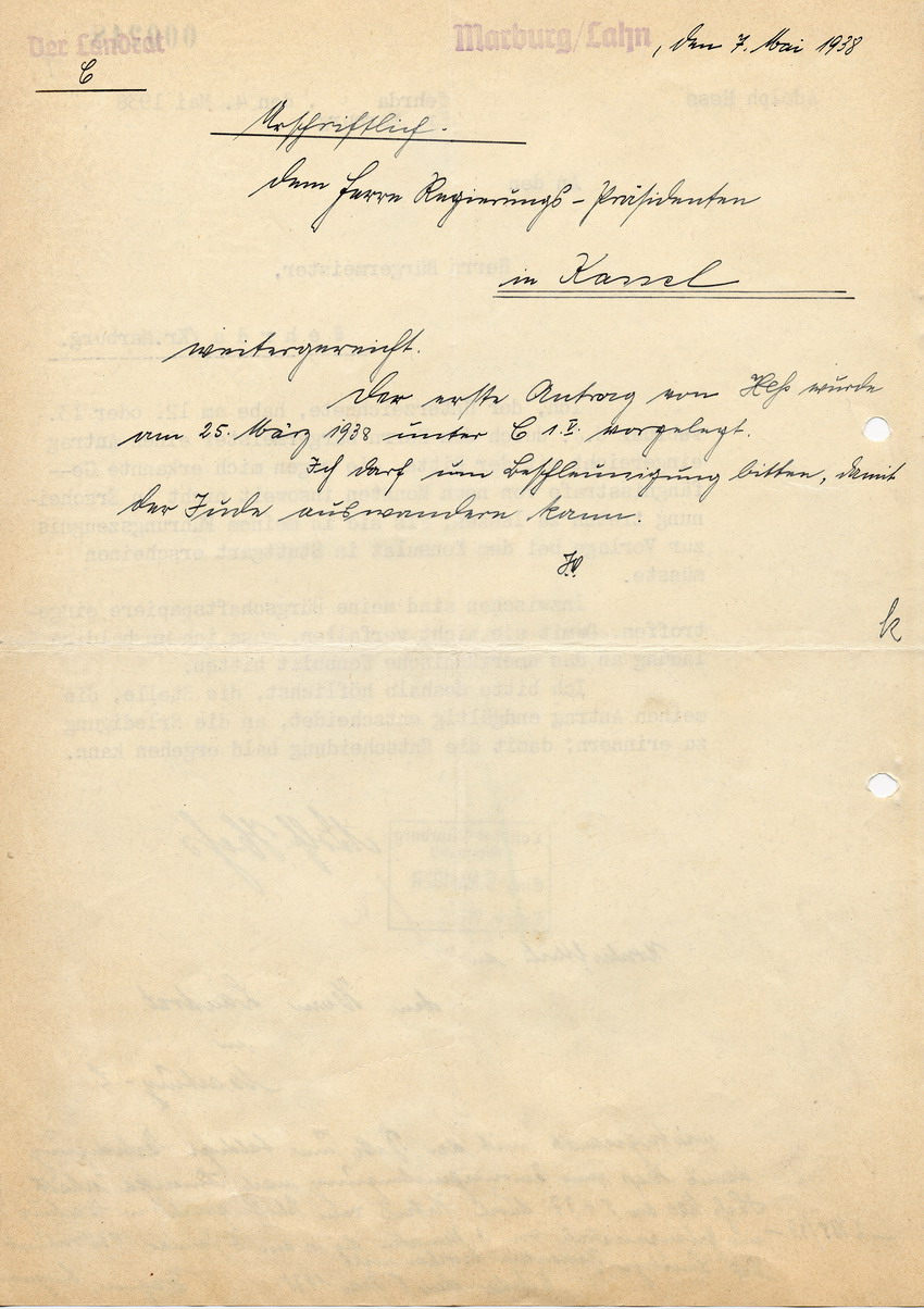 Schreiben von Adolph Hess aus Wehrda an den Bürgermeister in Wehrda betreffend Antrag auf Auswanderung, 4. Mai 1938.