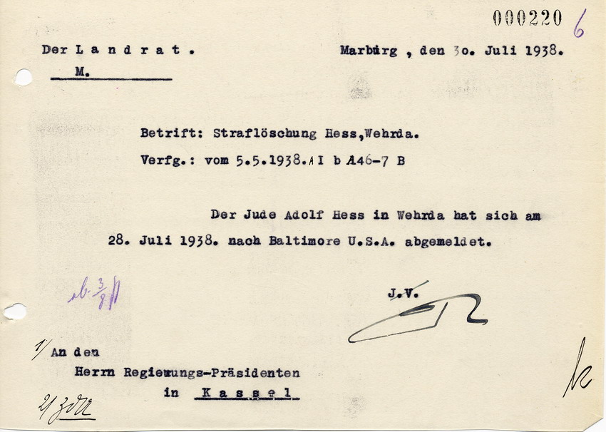 Schreiben des Landrats in Marburg an den Regierungspräsidenten in Kassel betreffend Abmeldung nach Baltimore durch den Juden Adolf Hess, 30. Juli 1938.