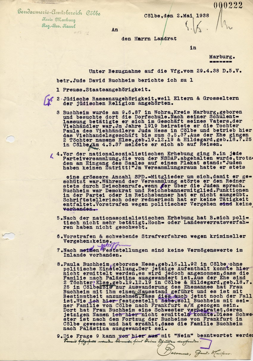 Antwortschreiben vom Gendarmerie-Amtsbereich Cölbe an den Landrat in Marburg betreffend Beantwortung des Fragenkatalogs für die "Ausbürgerung" von David Buchheim, 2. Mai 1938.