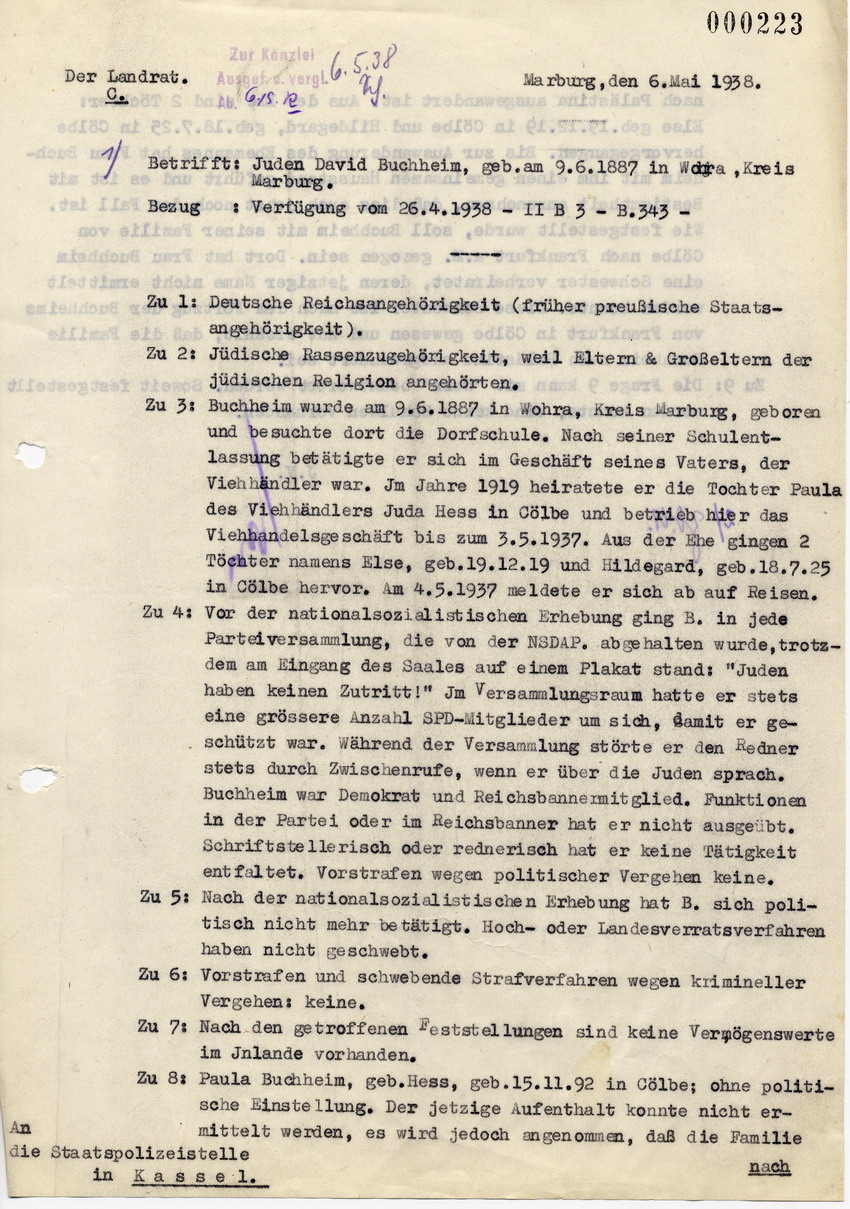Schreiben des Landrats in Marburg an die Staatspolizeistelle in Kassel betreffend Beantwortung des Fragenkatalogs für die "Ausbürgerung" von David Buchheim, 6. Mai 1938.