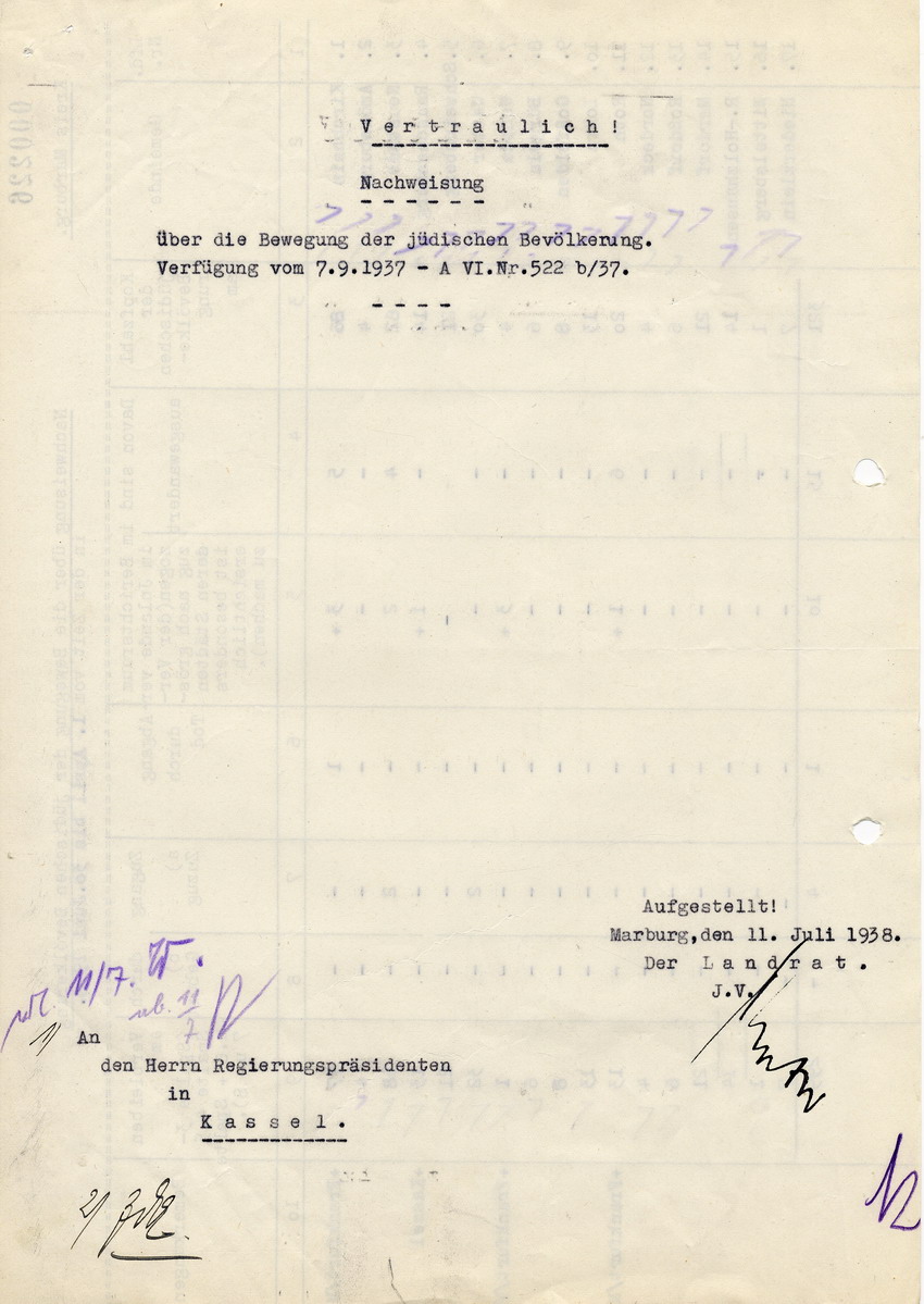 Aufstellung des Landrats in Marburg für den Regierungspräsidenten in Kassel betreffend "Wanderungsbewegungen" der jüdischen Bevölkerung, 11. Juli 1938.