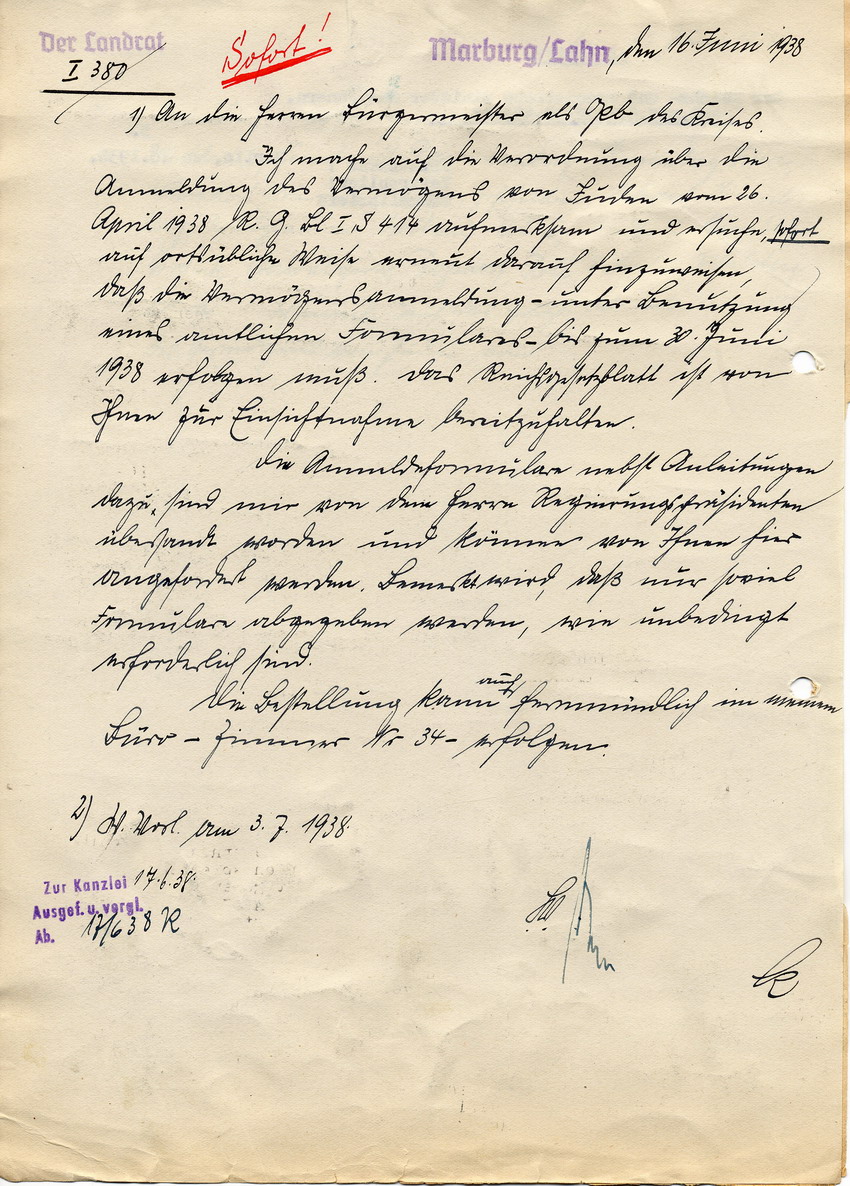 Schreiben des Regierungspräsidenten in Kassel betreffend amtliche Muster für die Anmeldung des Vermögens von Juden, 10. Juni 1938.