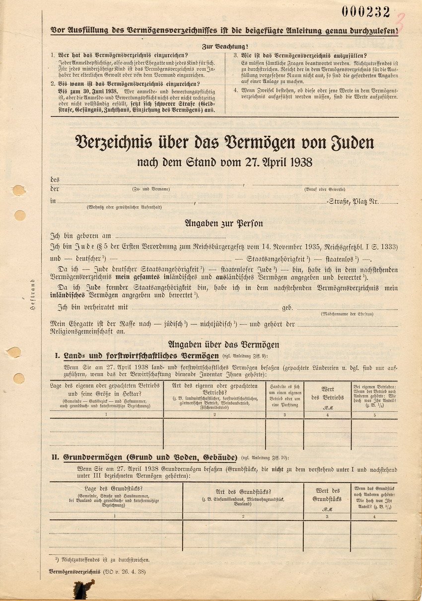 Formular betreffend "Verzeichnis über das Vermögen von Juden", 27. April 1938.