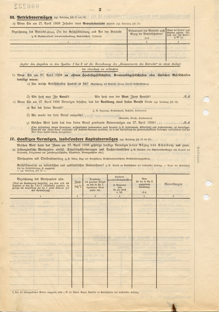 Formular betreffend "Verzeichnis über das Vermögen von Juden", 27. April 1938.