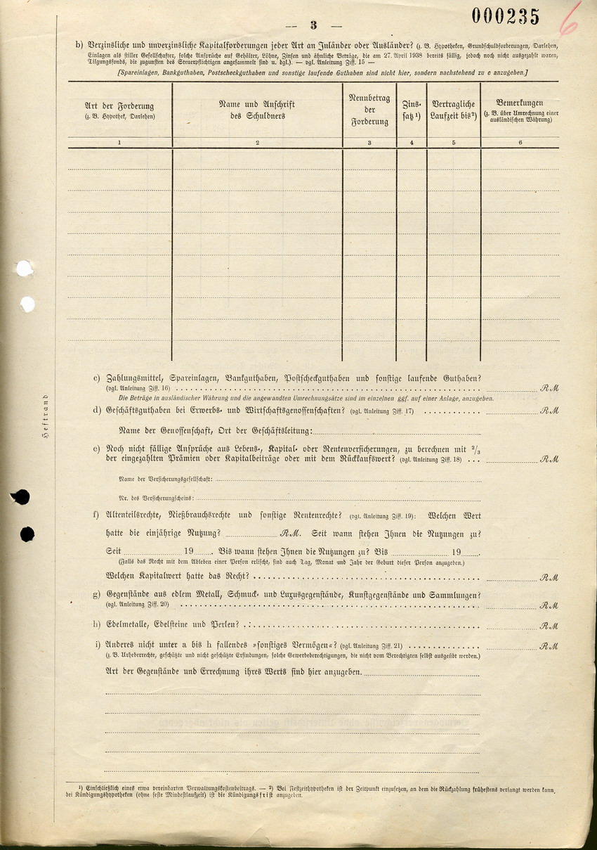 Formular betreffend "Verzeichnis über das Vermögen von Juden", 27. April 1938.