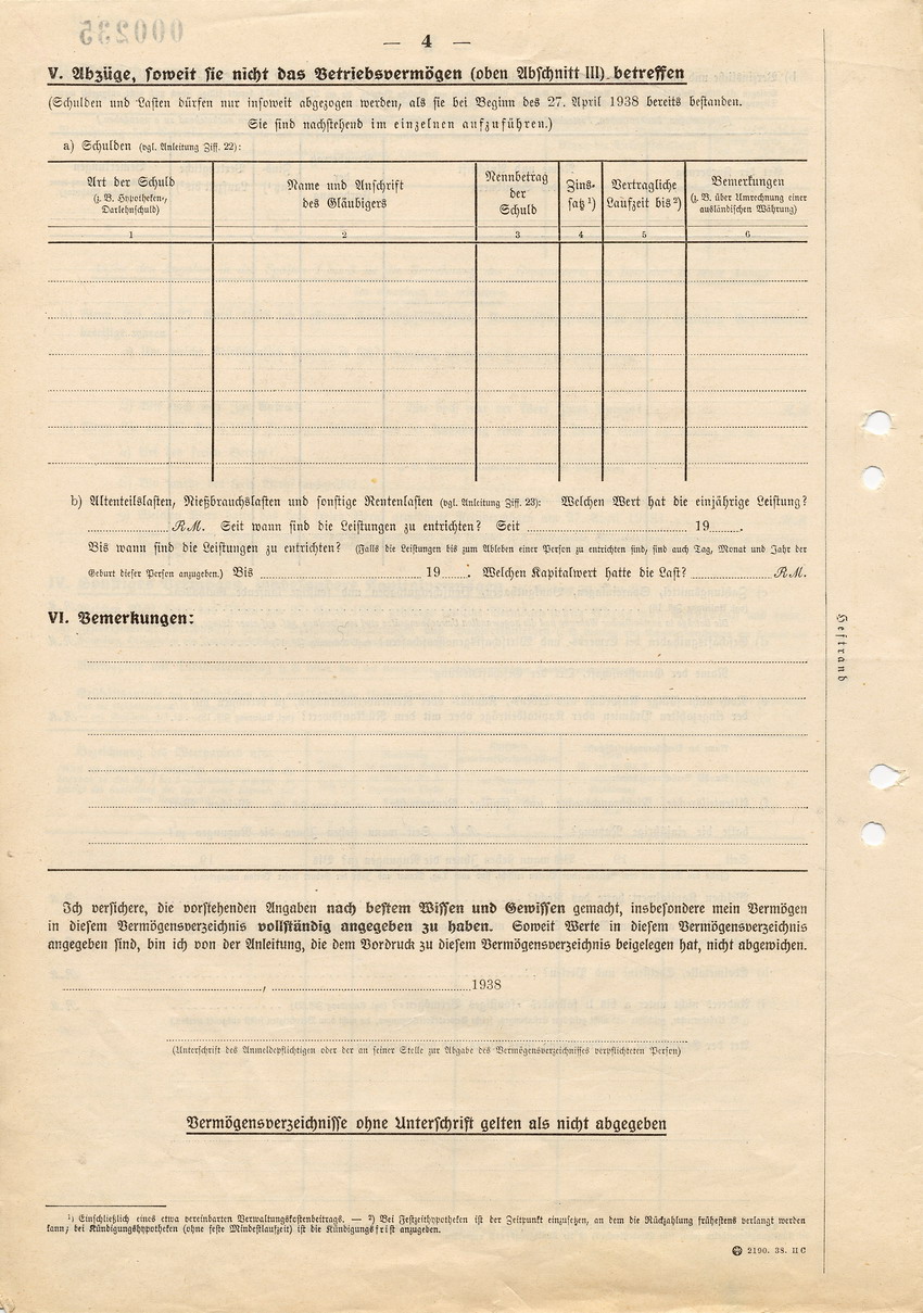 Formular betreffend "Verzeichnis über das Vermögen von Juden", 27. April 1938.