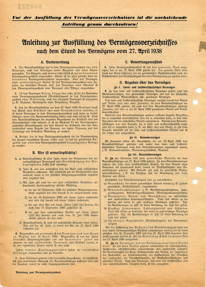 Formular betreffend "Verzeichnis über das Vermögen von Juden", 27. April 1938.