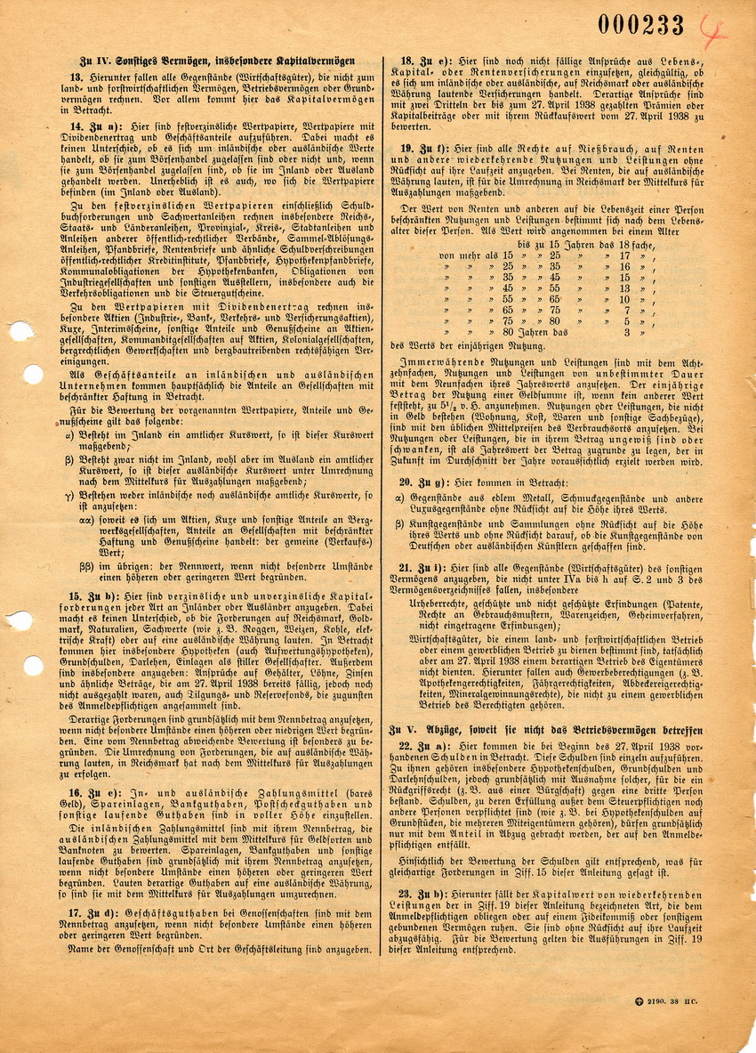 Formular betreffend "Verzeichnis über das Vermögen von Juden", 27. April 1938.