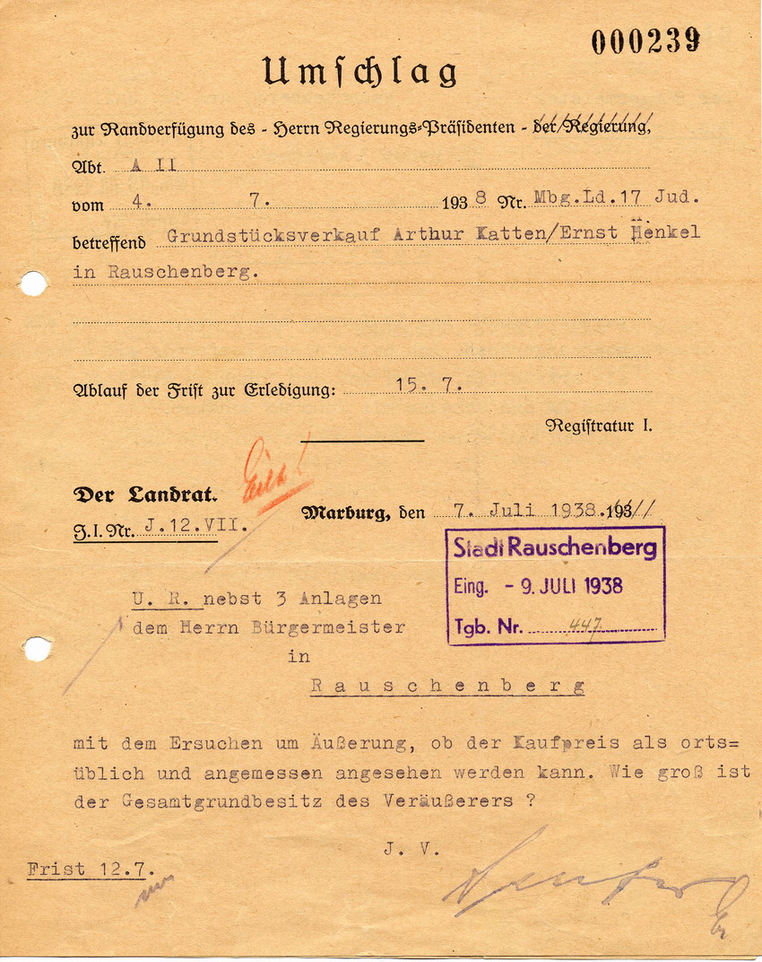 Schreiben des Landrats in Marburg an den Bürgermeister von Rauschenberg betreffend Kaufpreis für das Grundstück von Arthur Katten und Ernst Henkel in Rauschenberg, 7. Juli 1938.