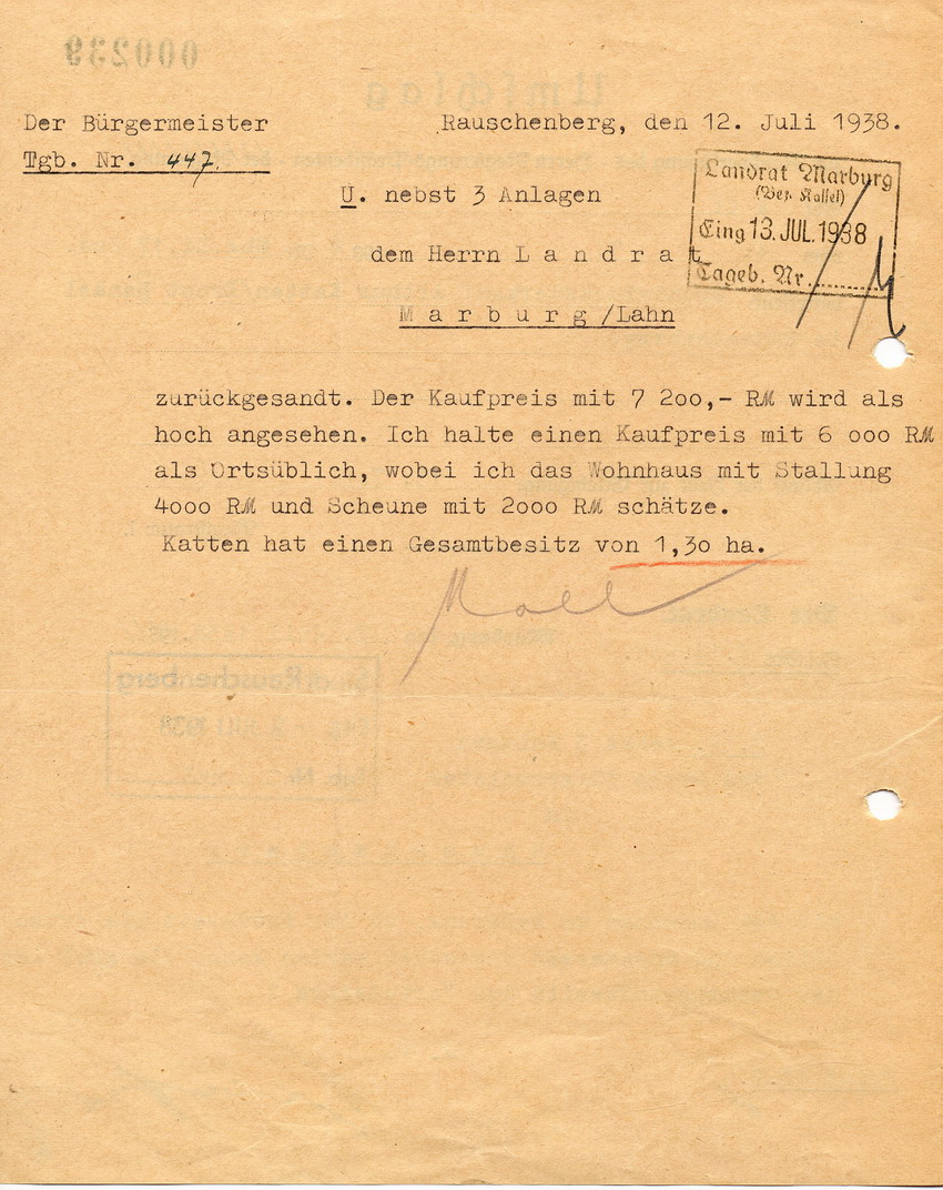 Antwortschreiben des Bürgermeisters von Rauschenberg betreffend ortsunüblicher Kaufpreis, 12. Juli 1938.
