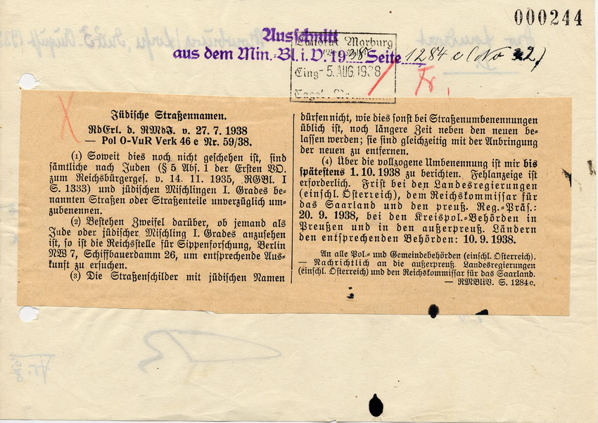 Runderlass des Reichsministers des Innern betreffend Entfernung jüdischer Straßennamen, 27. Juli 1938.