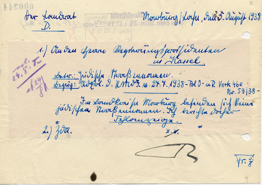 Schreiben des Landrats in Marburg an den Regierungspräsidenten in Kassel betreffend jüdische Straßennamen, 25. August 1938.