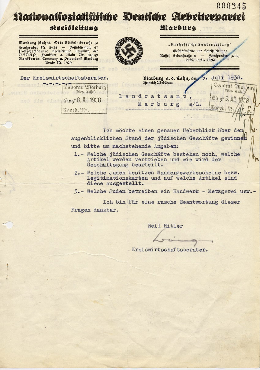 Schreiben des Kreiswirtschaftsberaters der NSDAP in Marburg an das Landratsamt in Marburg betreffend Überblick über jüdische Geschäfte, 5. Juli 1938.