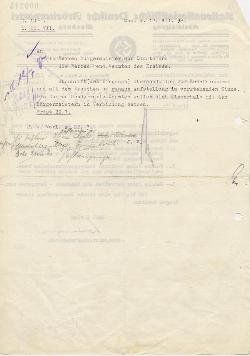 Schreiben des Kreiswirtschaftsberaters der NSDAP in Marburg an das Landratsamt in Marburg betreffend Überblick über jüdische Geschäfte, 5. Juli 1938.