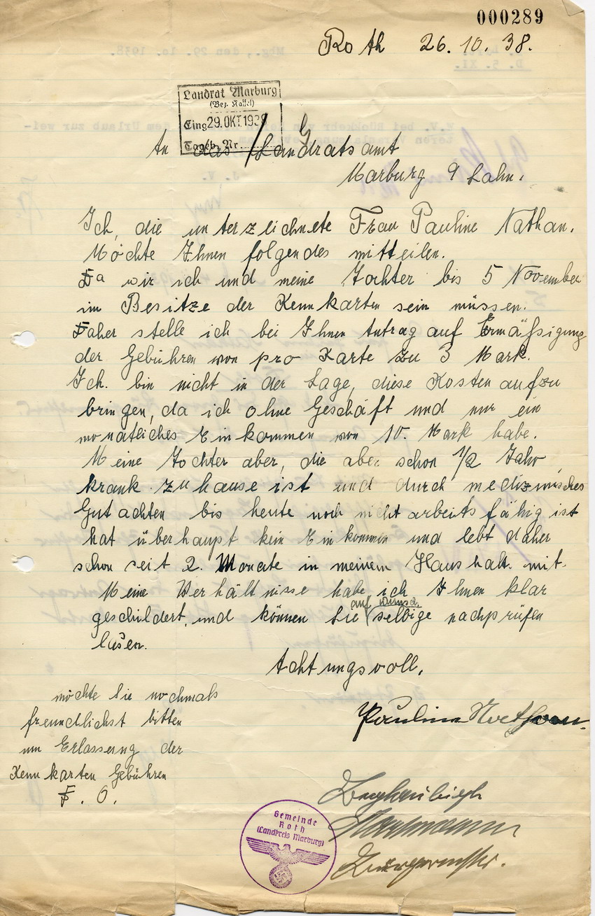 Antrag von Pauline Nathan aus Roth an das Landratsamt in Marburg betreffend Ermäßigung der Gebühren für Kennkarten, 26. Oktober 1938.