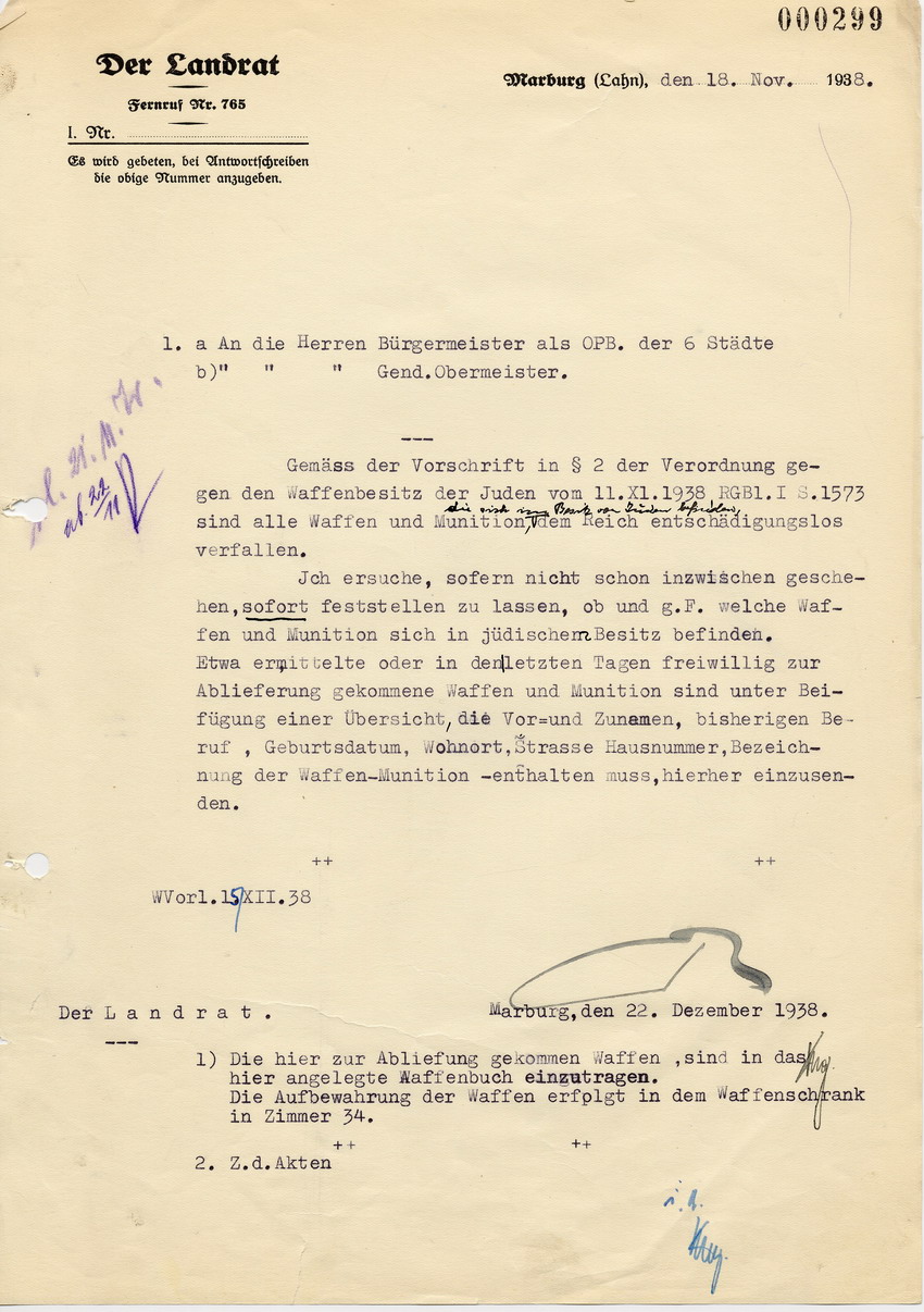 Schreiben des Landrats in Marburg an die Bürgermeister und Gen.Obermeister betreffend Waffen in jüdischem Besitz, 18. November 1938.