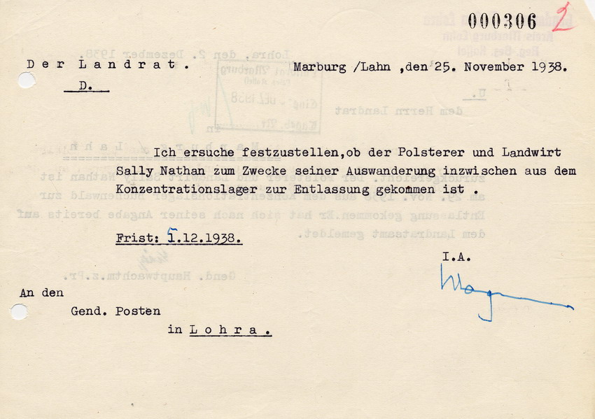 Schreiben des Landrats in Marburg an den Gendarmerieposten in Lohra betreffend Entlassung von Sally Nathan aus dem Konzentrationslager für die "Auswanderung", 25. November 1938.