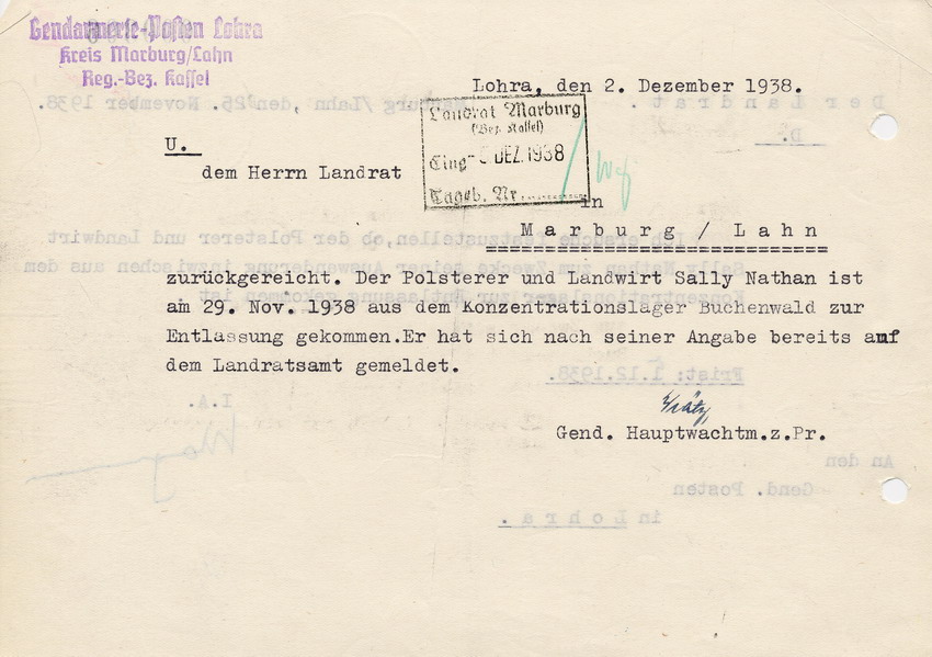 Schreiben des Gendarmeriepostens Lohra an den Landrat in Marburg betreffend Entlassung von Sally Nathan aus dem Konzentrationslager Buchenwald, 2. Dezember 1938.
