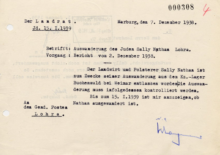 Schreiben des Landrats in Marburg an den Gendarmerieposten in Lohra betreffend Entlassung von Sally Nathan und Kontrolle der "Auswanderung", 7. Dezember 1938.