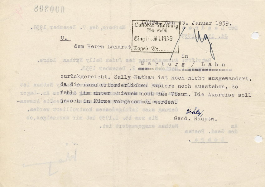 Schreiben des Gendarmeriepostens Lohra an den Landrat in Marburg betreffend "Auswanderung" von Sally Nathan, 13. Januar 1939.