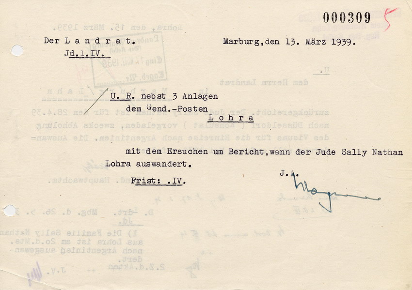 Schreiben des Landrats in Marburg an den Gendarmerieposten in Lohra betreffend Zeitpunkt der Ausreise von Sally Nathan, 13. März 1939.