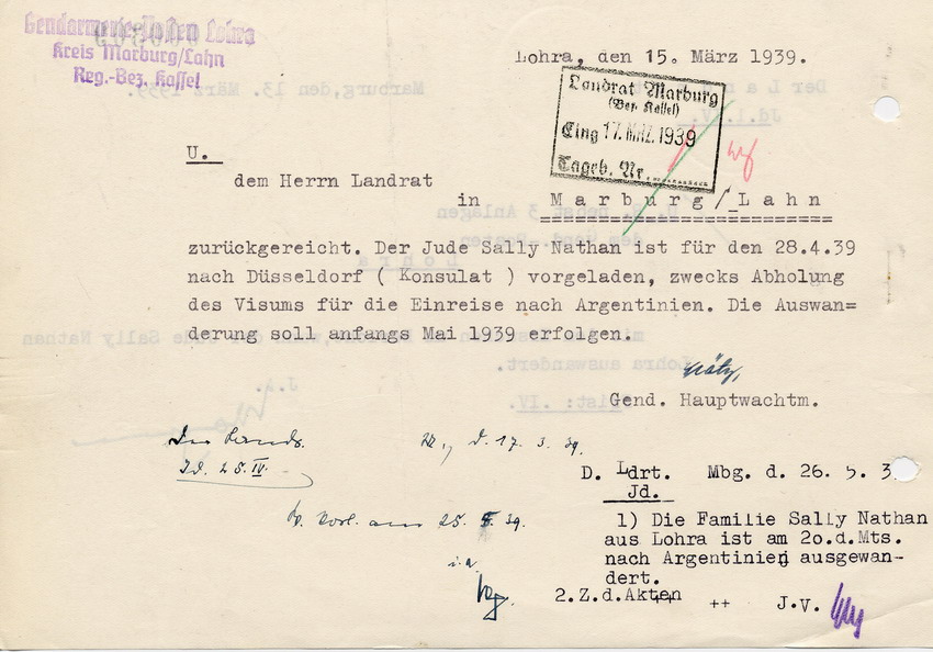 Schreiben des Gendarmeriepostens in Lohra betreffend "Auswanderung" von Sally Nathan nach Argentinien, 15. März 1939.