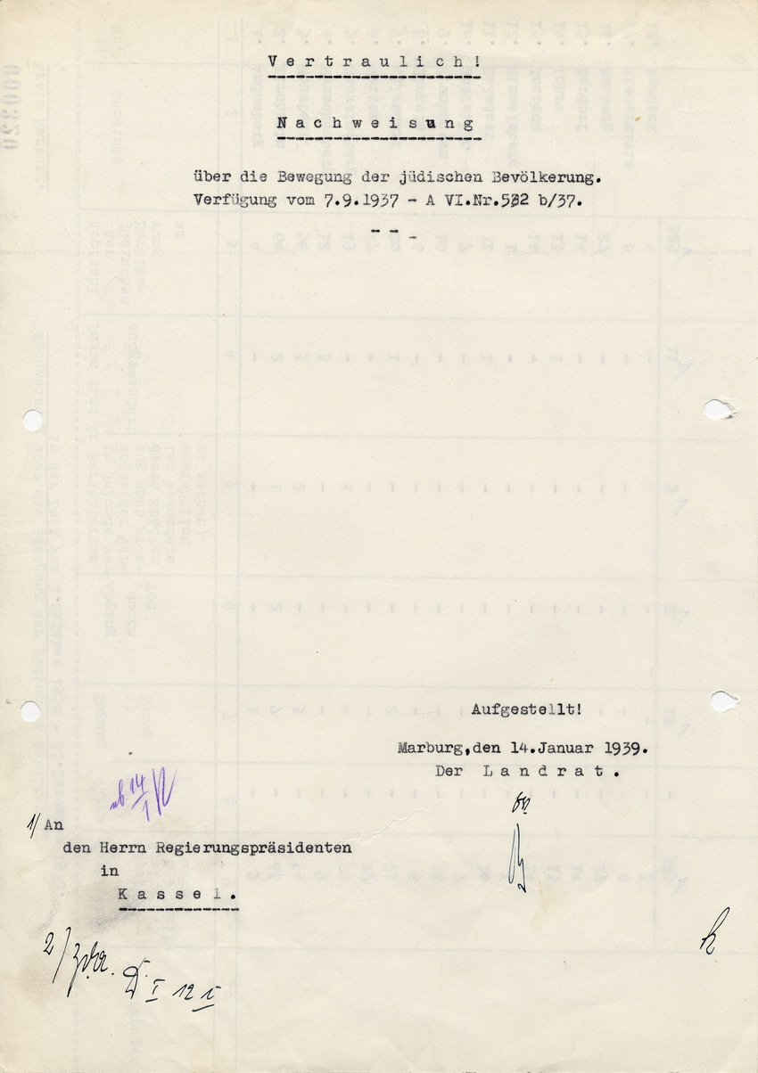 Aufstellung des Landrats in Marburg für den Regierungspräsidenten in Kassel betreffend "Wanderungsbewegungen" der jüdischen Bevölkerung, 14. Januar 1939.