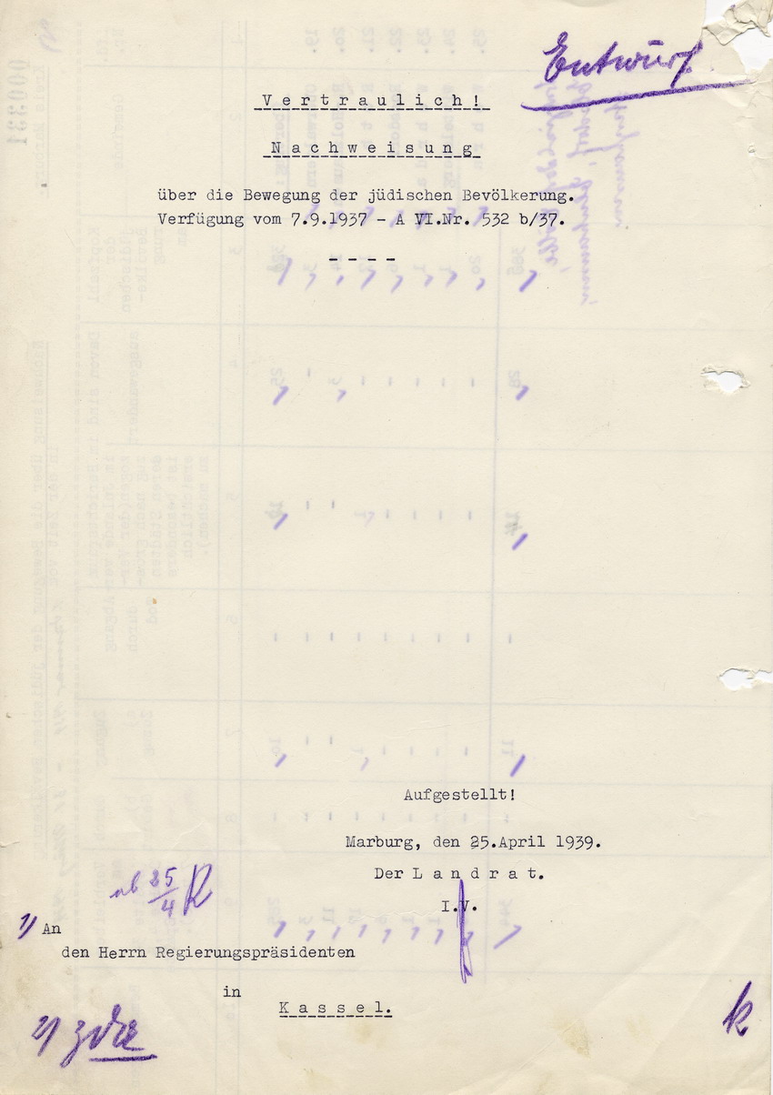 Aufstellung des Landrats in Marburg für den Regierungspräsidenten in Kassel betreffend "Wanderungsbewegungen" der jüdischen Bevölkerung, 25. April 1939.