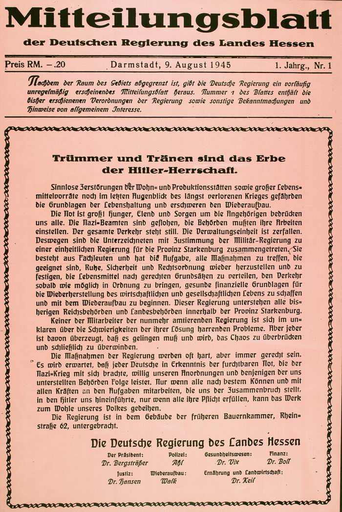 Bild zum Dokument Plakat: Mitteilungsblatt der Deutschen Regierung des Landes He