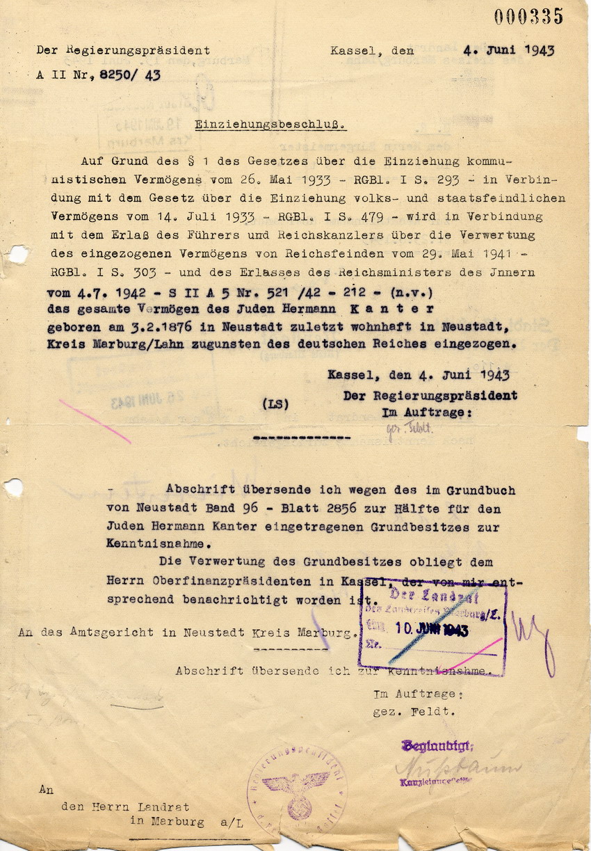 "Einziehungsbeschluss" des Regierungspräsidenten in Kassel betreffend Vermögen des Juden Hermann Kanter, 4. Juni 1943.