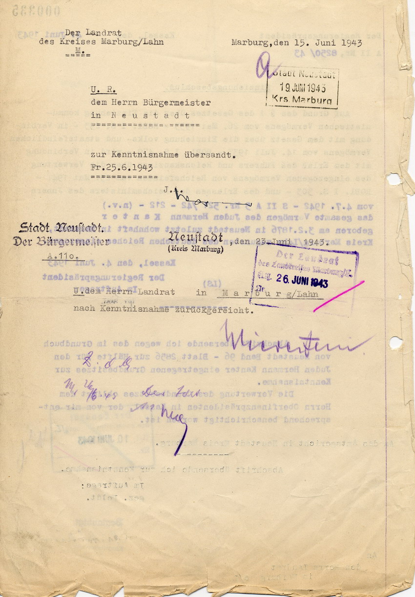 "Einziehungsbeschluss" des Regierungspräsidenten in Kassel betreffend Vermögen des Juden Hermann Kanter, 4. Juni 1943.