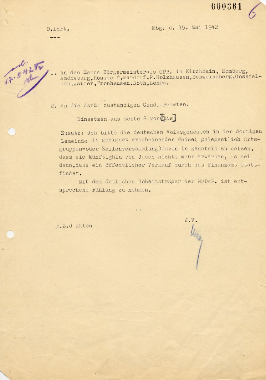 Schreiben des Landrats in Marburg an die Bürgermeister des Kreises betreffend Verbot des Kaufs bei Juden, 15. Mai 1942.