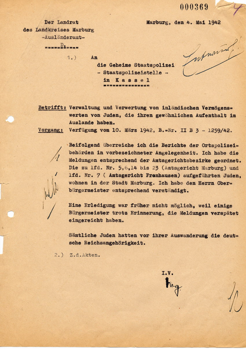 Antwortschreiben des Landrats in Marburg an die Staatspolizeistelle in Kassel betreffend Eigentum in jüdischem Besitz, 4. Mai 1942.