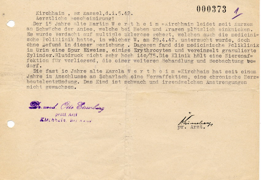Ärztliches Zeugnis betreffend Gesundheitszustand von Martin und Karola Wertheim, 1. Mai 1942.