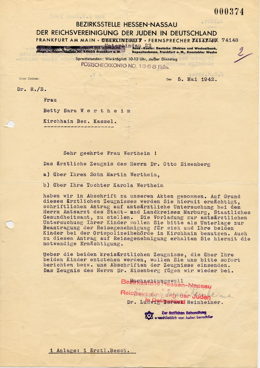 Schreiben der Bezirksstelle Hessen-Nassau der Reichsvereinigung der Juden in Deutschland an Betty Sara Wertheim in Kirchhain betreffend Antrag auf amtsärztliche Untersuchung, 5. Mai 1942.