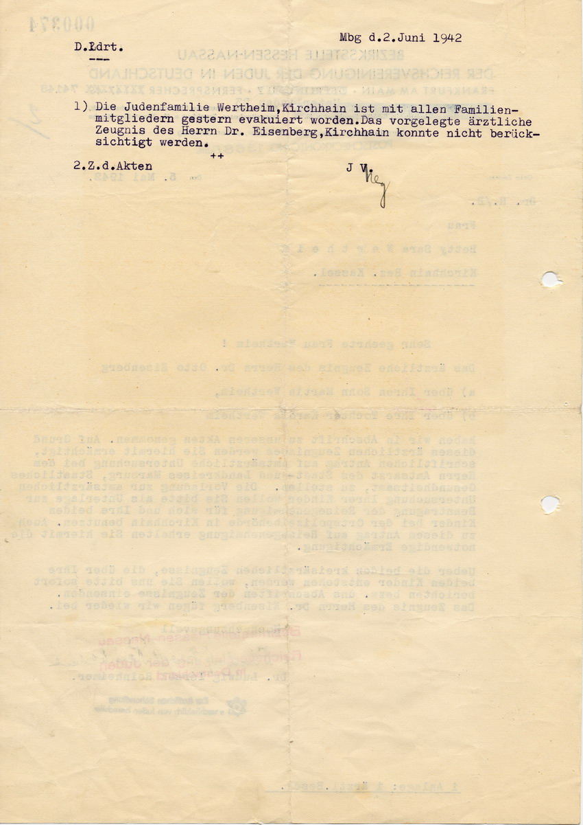 Aktenvermerk des Landrats in Kirchhain betreffend gestrige Deportation der jüdischen Familie Wertheim aus Kirchhain, 2. Juni 1942.