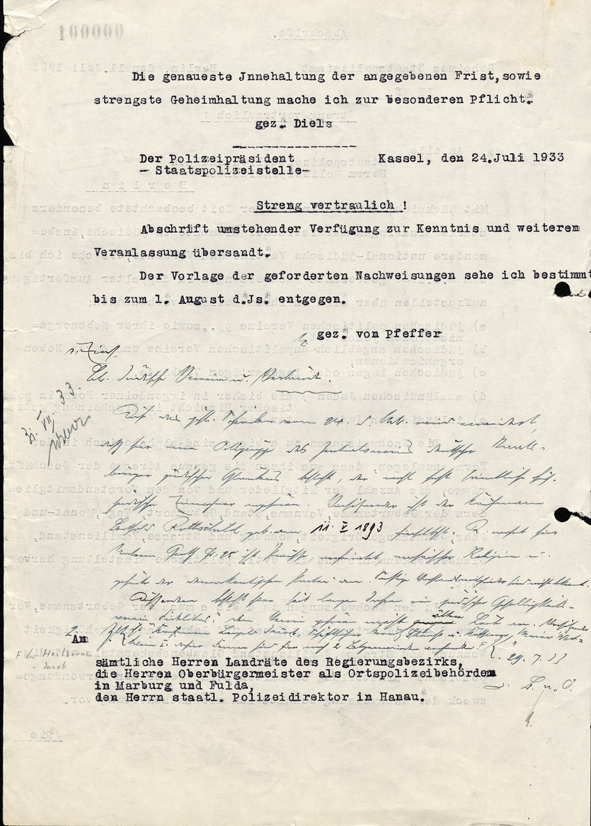Das Geheime Staatspolizeiamt Berlin schreibt an alle Staatspolizeistellen und Polizeipräsidenten bezüglich der Erfassung jüdischer Vereine, 11. Juli 1933