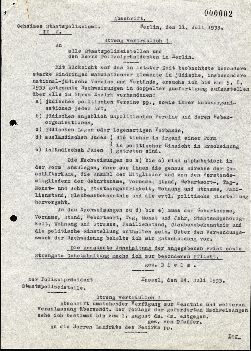 Das Geheime Staatspolizeiamt Berlin schreibt an alle Staatspolizeistellen und Polizeipräsidenten bezüglich der Erfassung jüdischer Vereine, 11. Juli 1933