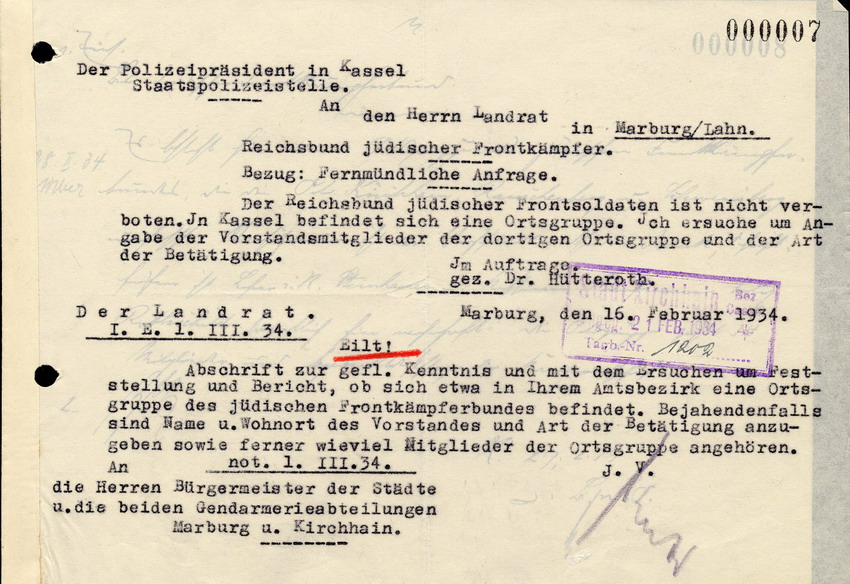 Der Polizeipräsident in Kassel an den Landrat in Marburg, bezüglich des Reichsbunds jüdischer Frontkämpfer, 16. Februar 1934
