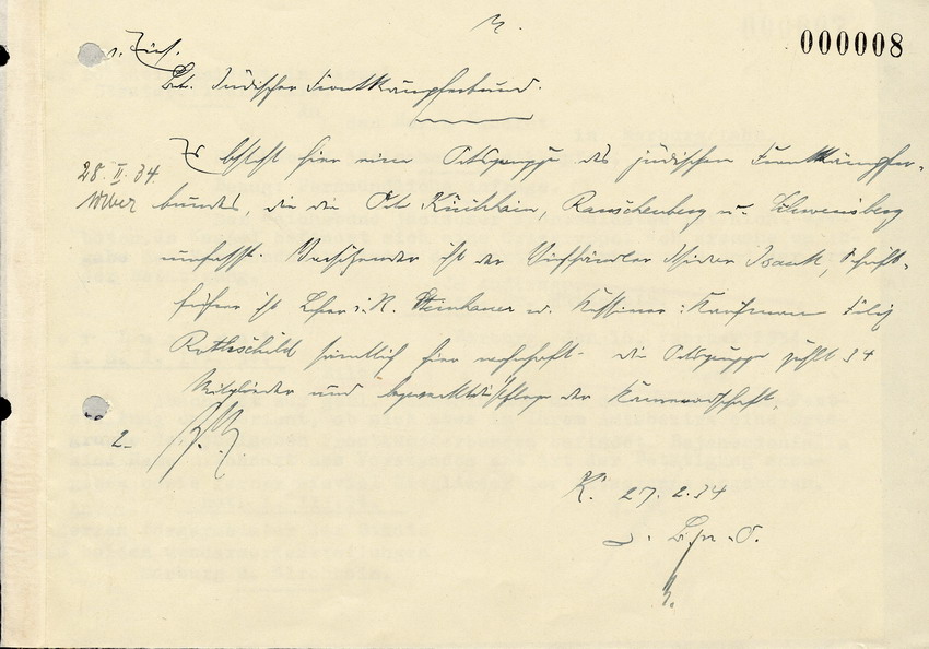 Der Polizeipräsident in Kassel an den Landrat in Marburg, bezüglich des Reichsbunds jüdischer Frontkämpfer, 16. Februar 1934