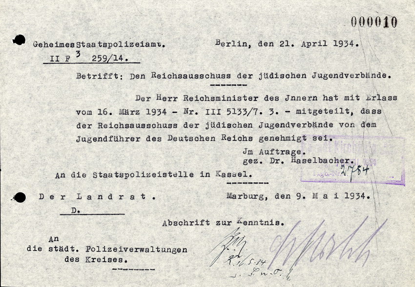 Das Geheime Staatspolizeiamt Berlin an die städt. Polizeiverwaltungen des Kreises, betreffend den Reichsausschuss der jüdischen Jugendverbände, 21. April 1934