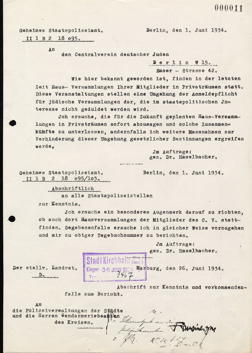 Das Geheime Staatspolizeiamt Berlin an den Centralverein deutscher Juden, abschriftlich an alle Polizeistellen, betreffend Hausversammlungen des Centralvereins, 1. Juni 1934